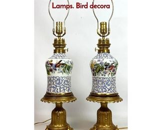 Lot 1233 Pair of Bronze Mounted Porcelain Oil Lamps. Bird decora