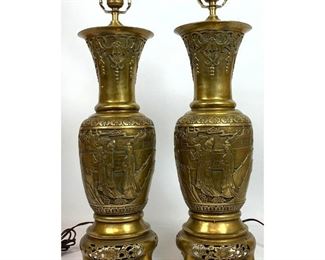 Lot 1237 Pair Brass Asian Style Urn Table Lamps. 