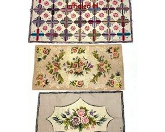 Lot 1313 3 pcs Antique Hook Rugs. Floral patterns. 2 initialed H