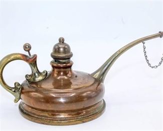 Early 1900's Copper & Brass Rochester Stamping Company Alcohol Flagon, Oil Lamp Filler