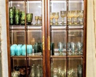 Vintage Double Door Lighted Display Cabinet with Individual Beveled Glass Pane Doors