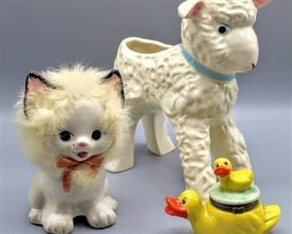 Vintage Ceramic Collection, Ducky Trinket Box, Vintage Napco Kitten Bank Bank 2B-516, and Lamb Planter By Hull Pottery