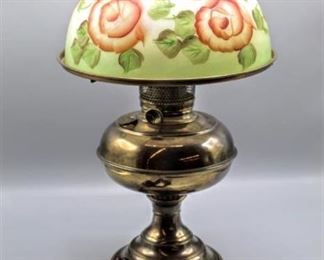 Vintage B&H Oil Lamp with Round Porcelain Decorative Shade, Oil Lamp Shade 10"