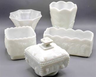 Set of 6 Pieces of Milk Glass Including Anchor Hocking Fire King and NAPCO #116