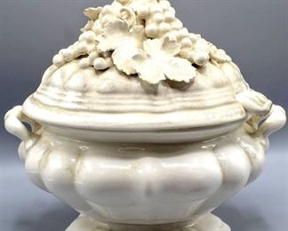 White Antique Elaborate Soup Tureen with Ladle and Ornate Lid Design