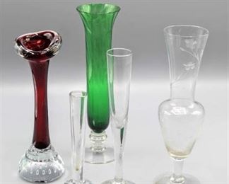 Set of 5 Assorted Decorative Glass Vases, Crystal, Hand Blown Glass