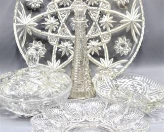 Vintage Set of Decorative Cut Glass Crystal Serving Dishes, Lidded Bowl, Vase, Relish Egg Tray