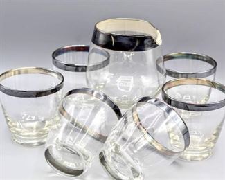 Vintage Cocktail Lot of Stemmed Pourer and (6) Silver Rimmed Cocktail Glasses