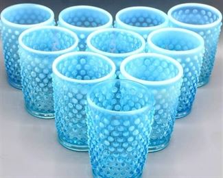 Set of 10 Hobnail Glasses Blue Opalescent Vintage Juice Size (match lot 2538)