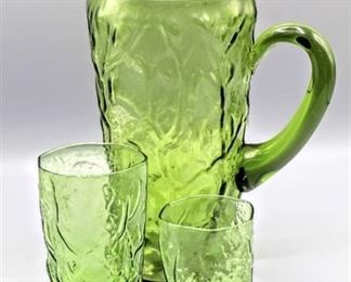 Vintage Green Glass Pitcher 10" and 20 Glasses Set