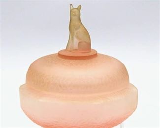 Vintage Pink Glass Powder Trinket Dish with German Shepherd