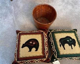 Native American style pillows with small wood basket https://ctbids.com/#!/description/share/408555