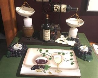 Item #27:  Wine and grape centerpiece with scales for "tart" candles.  Also includes a square plate and 2 grape votive candle holders:  $15