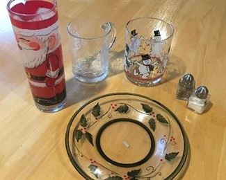 Item #522:  Christmas glasses, plate and salt & pepper shaker: $6