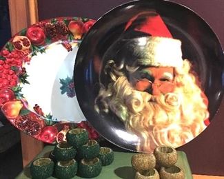 Item #63:  Christmas serving trays (plastic) and napkin rings (9 green/5 gold): $12
