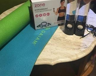 Item #100 Yoga mat, resistance bands and speakers $25