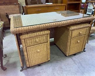 Natural color wicker desk/table with 2 rolling drawer file cabinets 165.00