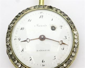 A Swiss pocket watch with enameled portrait back and paste stones on front and rear bezels.  58mm case with open face marked "Mauris, A. Geneve" and Arabic numerals, KW through the dial, KS, swing out fusee movement.  Some case wear, dial flakes at winding arbor, winds, sets and running when cataloged.  ESTIMATE $800-1,200