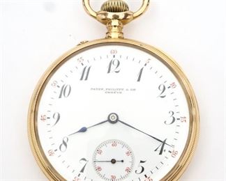 A Patek Philippe Triple signed 18k Gold gentleman's pocket watch.  45mm case with open face, DSD porcelain dial w/Arabic numerals marked "Patek Philippe & Cie, Geneve" SW, Pin set.  Fancy monogrammed rear cover over an 18k engraved cuvette marked "No. 108637, Patek Philippe et Cie, Geneve, 1901" and "Edward C. Dixon, Philadelphia, USA".  Three finger bridge movement with engraved mark and serial number.   Some minor wear, winds, sets and running when cataloged.  ESTIMATE $1,500-2,500