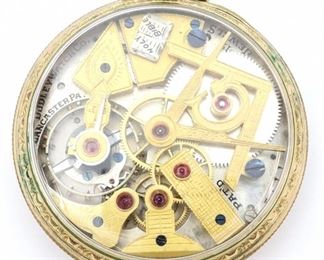 A Dudley/Hamilton Model 2 pocket watch. 12 size, 19 j, SW, PS, with Masonic cutout gilded rear plate, Fancy OF with display back, Gilded SSD w/Arabic numerals marked "Hamilton".  Serial # 5111.  Minor wear, winds, sets and running when cataloged. ESTIMATE $1,000-2,000