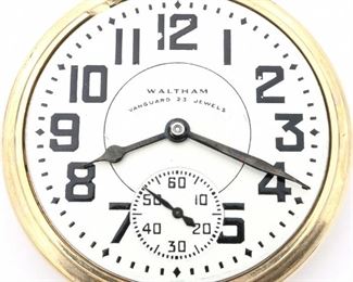 An American Waltham Watch Company "Vanguard" model Railroad watch. 16 size, 23 j, Adjusted 8 pos, DR, DMK, SW, LS, Keystone/Waltham GF, OF, SS Metal dial w/Arabic numerals marked "Waltham, Vanguard 23 Jewels". Serial #33766166. Some case wear, flaking on dial, winds, sets and running when cataloged. ESTIMATE $200-300