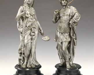 A pair of late 19th century Ansonia "Grecians No. 1029" clock side figures.  Cast Spelter figures on turned wooden bases.  Restored finishes, his arm slightly bent and spear replaced.  14" high.  ESTIMATE $200-300