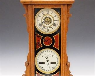 A late 19th century Waterbury "Calendar No. 44" model shelf clock.  8-day time, strike and alarm movement with lower calendar mechanism and painted metal dials.  Oak case with a shaped crown and carved detail over a single long door with reverse painted glass and a molded base.  Older refinishing with some wear, dial wear and flaking, door glass touched up with flaking, running when cataloged.  23 3/4" high.  ESTIMATE $200-300