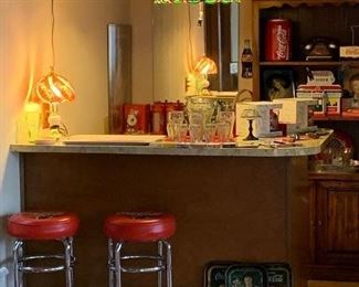 Coca Cola items, beautiful hanging lamp, bar stools