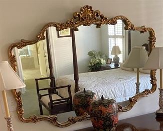 Bed in background not available - only mirror, lamps and ginger jar for sale.  Mirror would be perfect over buffet in dining room.