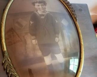 #308 antique photo of boy in navy uniform oval glass bubble with metal frame 20x 14 $50