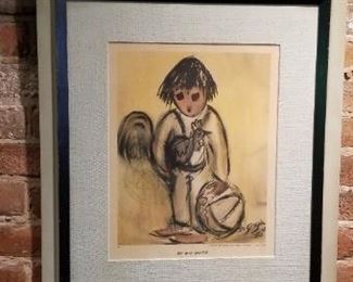#240 boy with rooster framed print 25 long x 21.5 wide $40