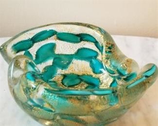#281 beautiful small glass bowl with aquamarine and gold flecks 5 inch diameter $45