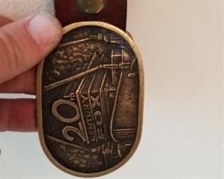 #65 vintage leather belt 20th century fox on brass buckle 38 inches. $20