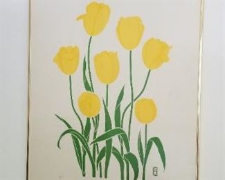 #52 flower print signed P. Chu 40 x26 $60