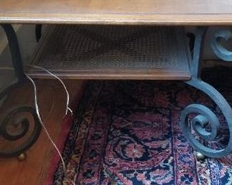 #30 great looking spiraled metal leg wooden table with equipment section 30 square by 20 inches tall. $25