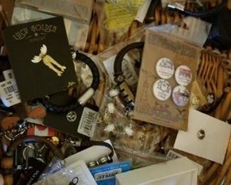 #18 pins and trinkets lot with basket $10