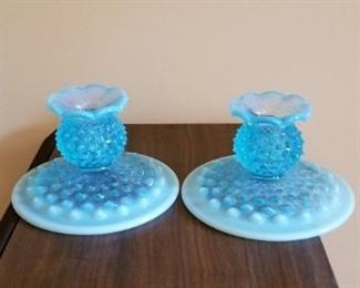 #4 fenton blue candlestick holder pair 3 inches tall. $10