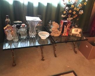 Mid century glass topped tables with gold tone metal bases