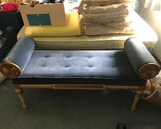 Great mid century bench with rolled arms. Blue fabric 