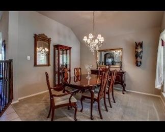 Dining Table with 6 Chairs and matching Buffett, Curio Cabinet, Gold Mirror