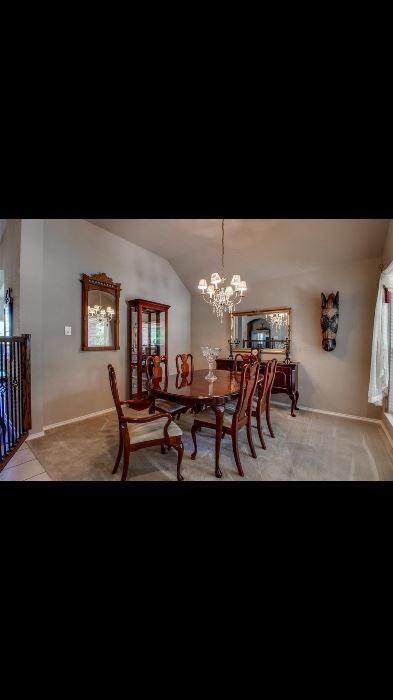 Dining Table with 6 Chairs and matching Buffett, Curio Cabinet, Gold Mirror