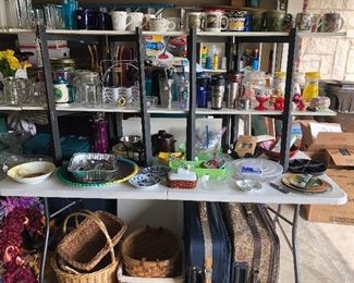 Kitchen items, luggage, baskets, wreaths
