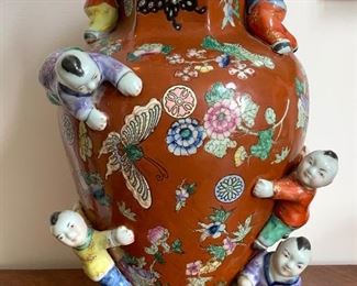 Large Vtg Chinese Fertility vase w/flowers, butterflies and climbing children- boys  $258.00
