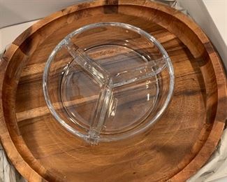 Beautiful Nambe wood tray w/glass serving cups and box  16" round      $140.