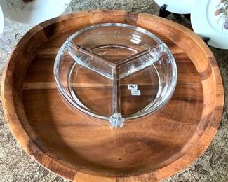 Beautiful Nambe wood tray w/glass serving cups and box  16" round      $140.