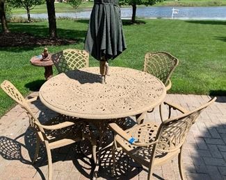 Heavy aluminum patio - great condition  - table, 4 chairs, umbrella and stand  $320.