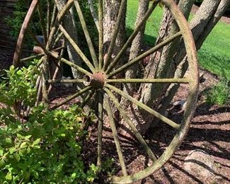 2 matching Vtg. wooden wagon wheels - 1 - is "as is" $42. other is in better condition $60.