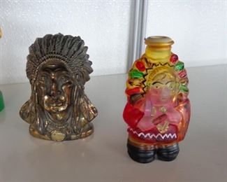 L54. Brass clad Indian chief figure and Indian chief Christmas light.  $11./pair