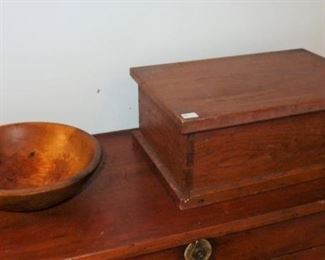 L49. (Left) Small vintage turned bowl  $10.                     L50. (Right) Small dovetailed box. $14.
