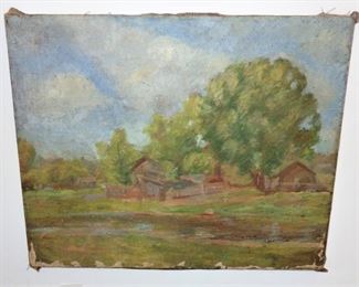 L35  Vintage unframed oil on canvas landscape, minor losses along lower margin  $55.